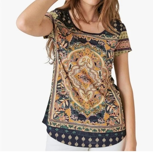 Lucky Brand blouse Persian art inspired pop over crewneck lightweight navy Large - Picture 1 of 8